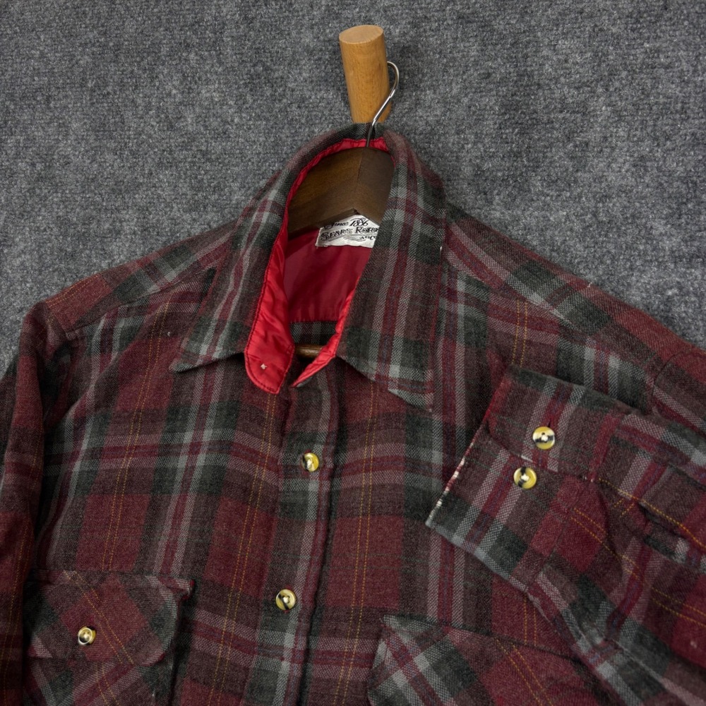 Sears Roebuck Flannel Shirt Mens XL Burgundy Plaid Vintage Long Sleeve Workwear